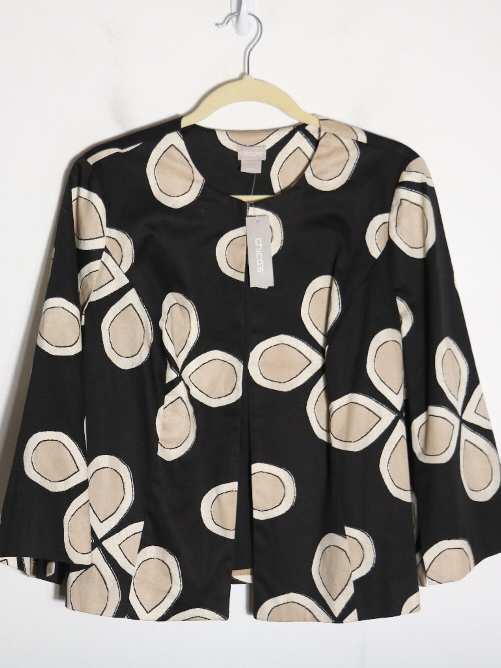 Chicos Modern Topper Printed Short Jacket Womens 1 8 10‎ Black Ecru Cotton Boho